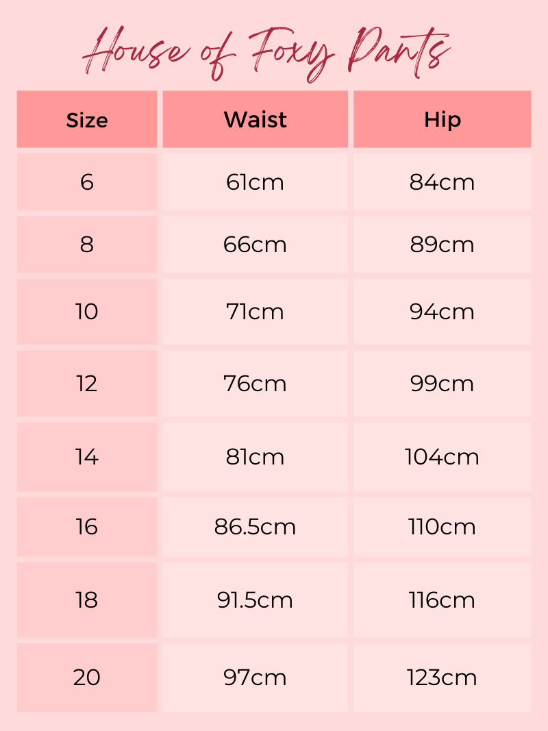 House of Foxy Pant Size chart