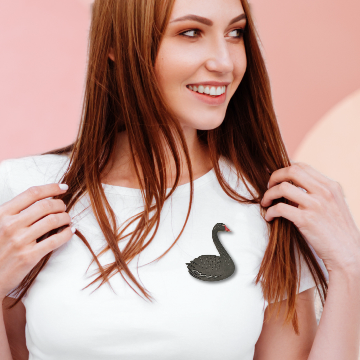 Black Swan Brooch on white T-shirt